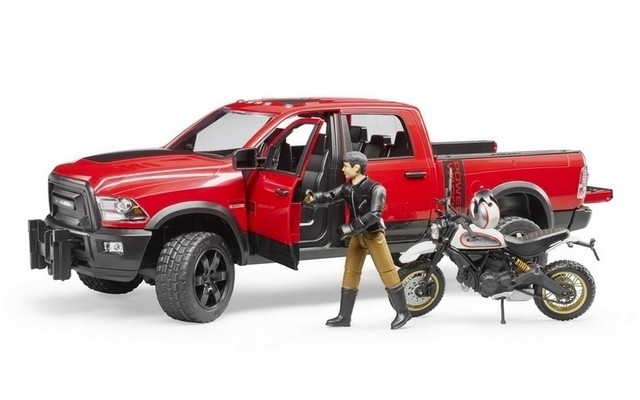 Bruder RAM 2500 Power Wagon with Ducati Desert Sled and figure